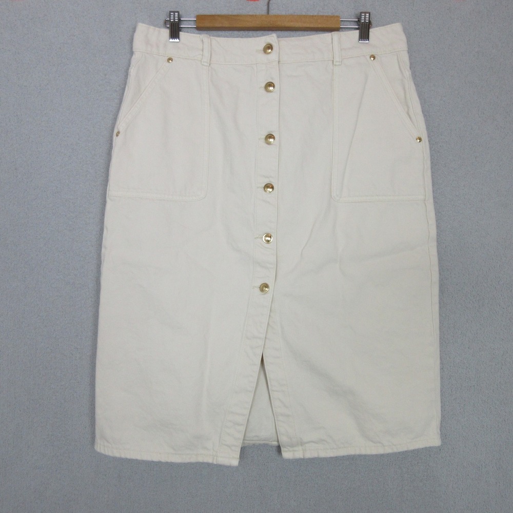 Michael Kors Womens Cream Denim Button Front Midi Skirt Gold Hardware Size 14